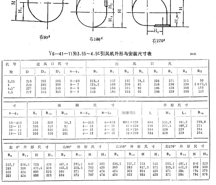 Y6-41-11锅炉引风机安装尺寸表